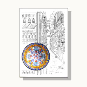 Ilustración Luis Torres acuarela Plato cerámica tradicional contra turismo masivo y tiendas de souvenirs made in China. Watercolor illustration slow down traditional ceramics plate from Spain versus mass tourism